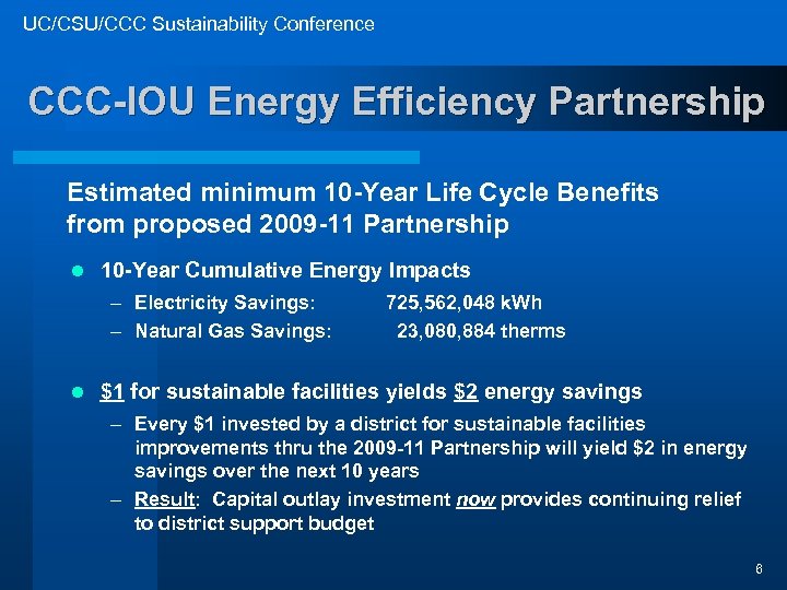 UC/CSU/CCC Sustainability Conference CCC-IOU Energy Efficiency Partnership Estimated minimum 10 -Year Life Cycle Benefits
