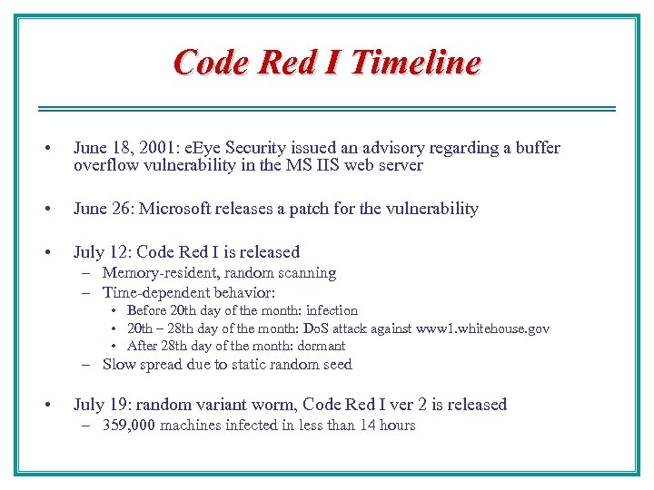 Code Red I Timeline • June 18, 2001: e. Eye Security issued an advisory