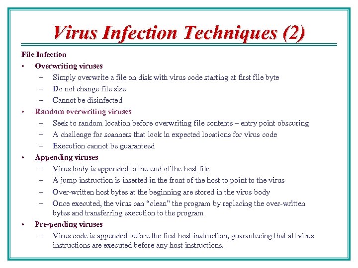 Virus Infection Techniques (2) File Infection • Overwriting viruses – Simply overwrite a file