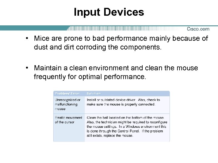 Input Devices • Mice are prone to bad performance mainly because of dust and