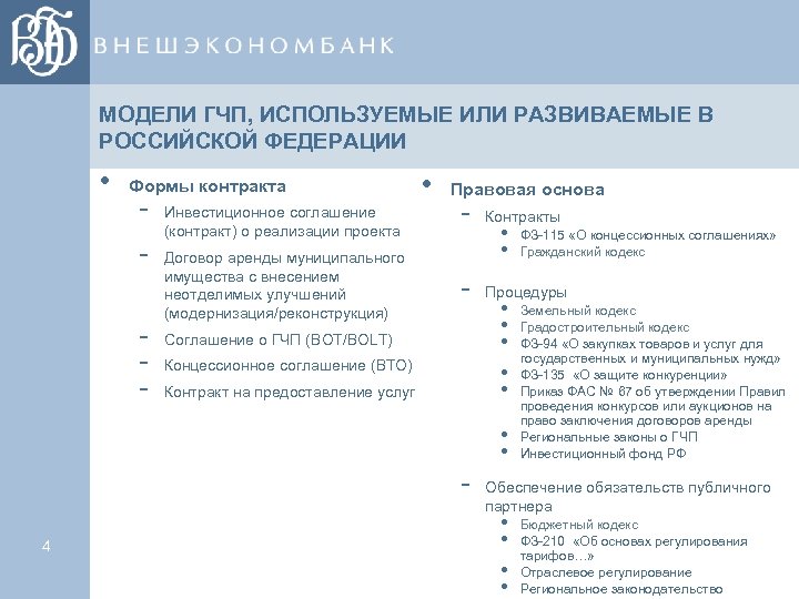 МОДЕЛИ ГЧП, ИСПОЛЬЗУЕМЫЕ ИЛИ РАЗВИВАЕМЫЕ В РОССИЙСКОЙ ФЕДЕРАЦИИ • Формы контракта - Инвестиционное соглашение