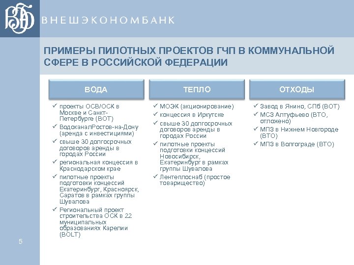 ПРИМЕРЫ ПИЛОТНЫХ ПРОЕКТОВ ГЧП В КОММУНАЛЬНОЙ СФЕРЕ В РОССИЙСКОЙ ФЕДЕРАЦИИ ВОДА 5 ü проекты