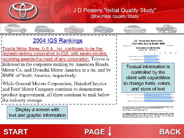 Textual information is controlled by the client with capabilities to change fonts, colors, and