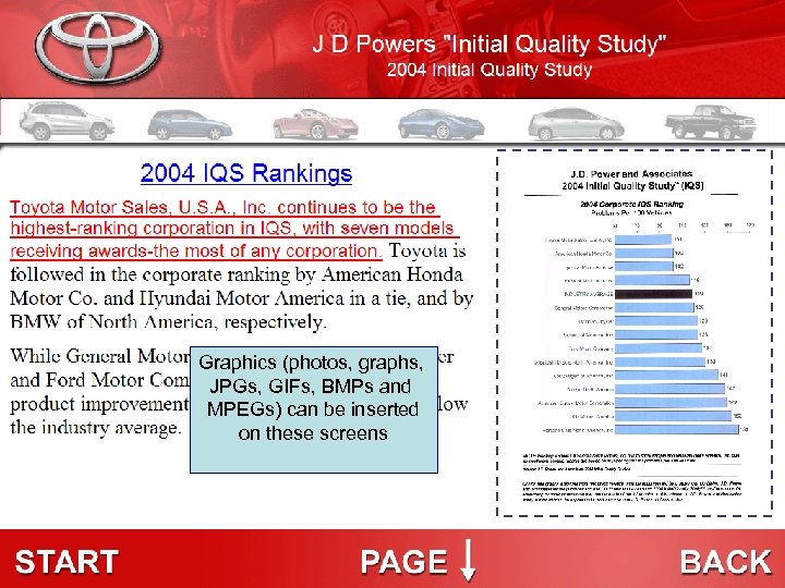 Graphics (photos, graphs, JPGs, GIFs, BMPs and MPEGs) can be inserted on these screens
