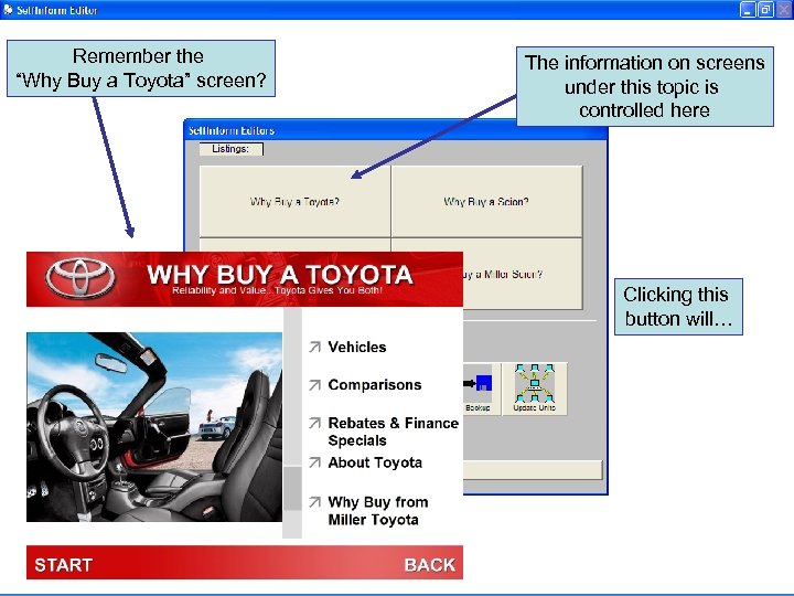 Remember the “Why Buy a Toyota” screen? The information on screens under this topic