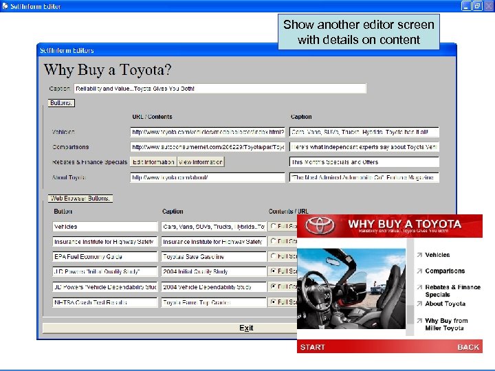 Show another editor screen with details on content 