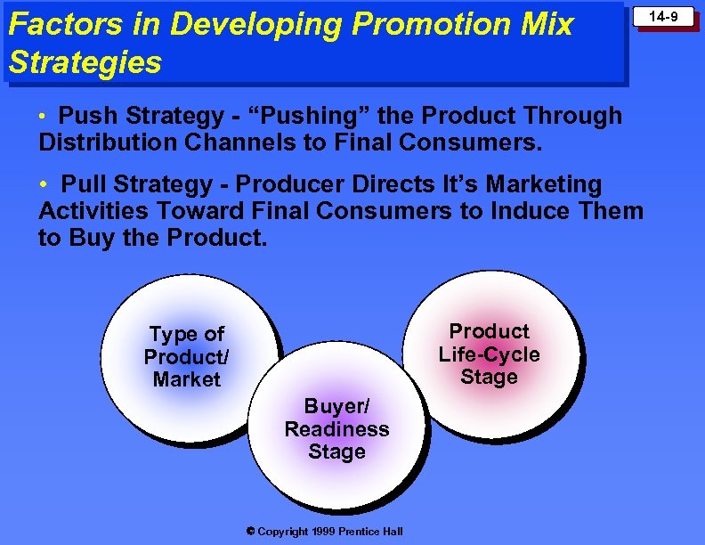 Factors in Developing Promotion Mix Strategies • Push Strategy - “Pushing” the Product Through