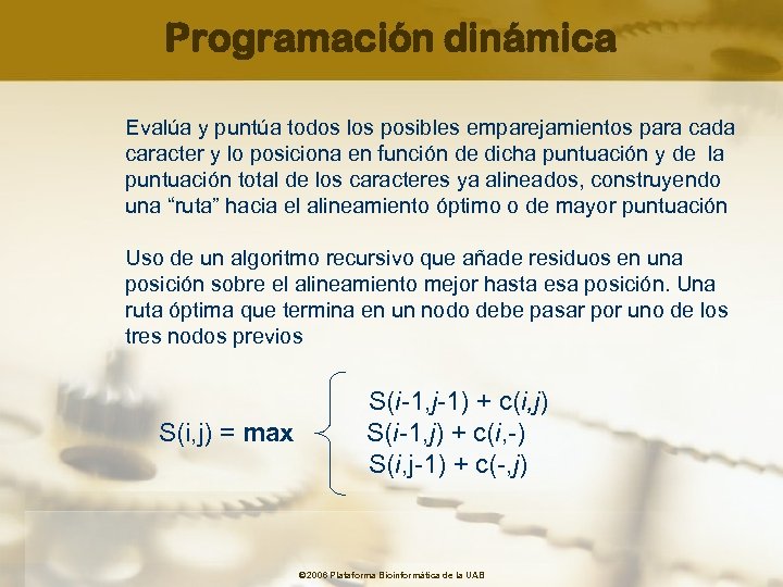 Programación dinámica Evalúa y puntúa todos los posibles emparejamientos para cada caracter y lo