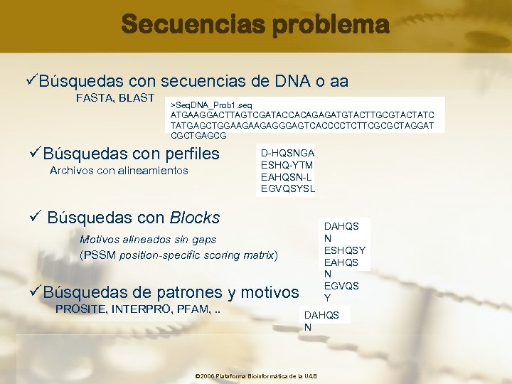 Secuencias problema üBúsquedas con secuencias de DNA o aa FASTA, BLAST >Seq. DNA_Prob 1.