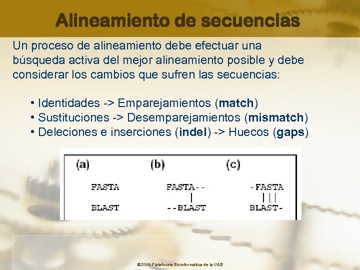 Alineamiento de secuencias Un proceso de alineamiento debe efectuar una búsqueda activa del mejor