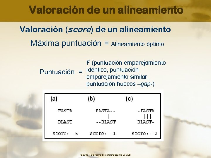 Valoración de un alineamiento Valoración (score) de un alineamiento Máxima puntuación = Alineamiento óptimo