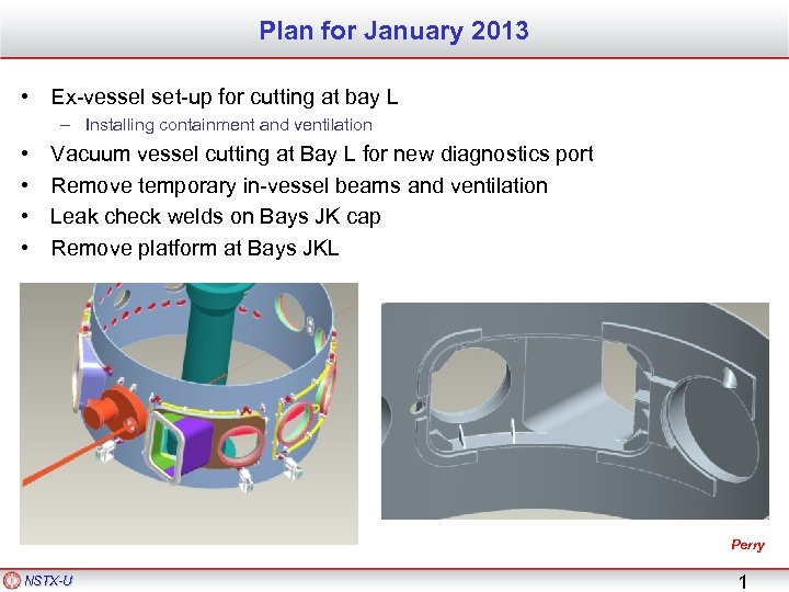 Plan for January 2013 • Ex-vessel set-up for cutting at bay L – Installing