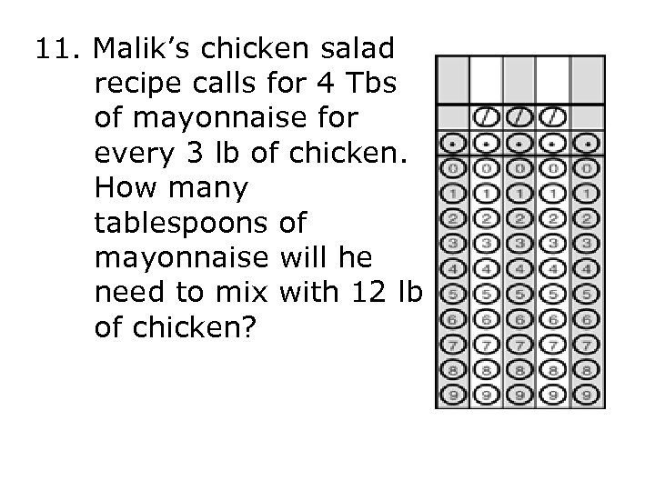11. Malik’s chicken salad recipe calls for 4 Tbs of mayonnaise for every 3