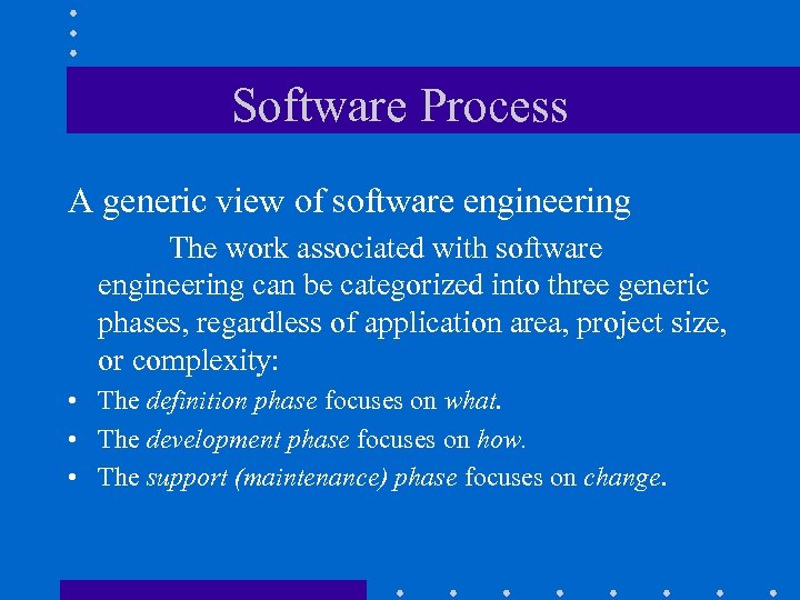 Software Process A generic view of software engineering The work associated with software engineering