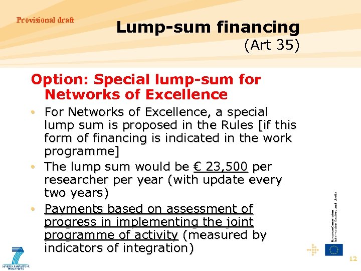 Provisional draft Lump-sum financing (Art 35) Option: Special lump-sum for Networks of Excellence •