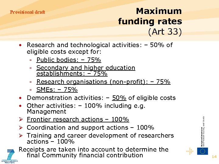 Provisional draft Maximum funding rates (Art 33) • Research and technological activities: – 50%