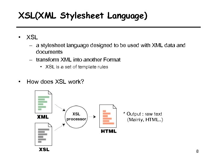 XSL(XML Stylesheet Language) • XSL – a stylesheet language designed to be used with