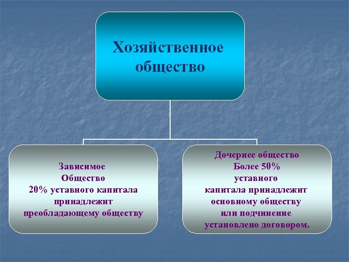 Хозяйственное общество Зависимое Общество 20% уставного капитала принадлежит преобладающему обществу Дочернее общество Более 50%