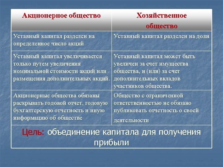Акционерное общество Хозяйственное общество Уставный капитал разделен на определенное число акций Уставный капитал разделен