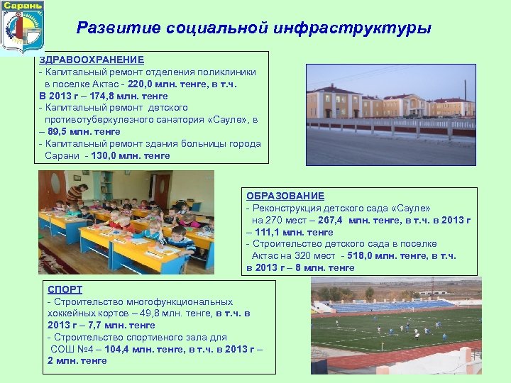 Развитие социальной инфраструктуры ЗДРАВООХРАНЕНИЕ - Капитальный ремонт отделения поликлиники в поселке Актас - 220,