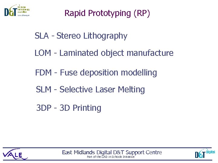 Rapid Prototyping (RP) SLA - Stereo Lithography LOM - Laminated object manufacture FDM -