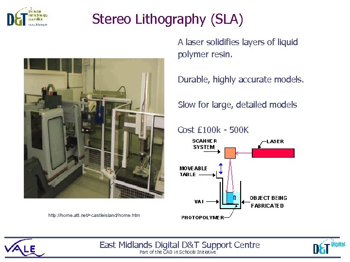 Stereo Lithography (SLA) A laser solidifies layers of liquid polymer resin. Durable, highly accurate