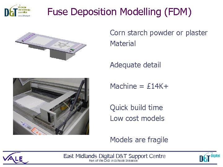 Fuse Deposition Modelling (FDM) Corn starch powder or plaster Material Adequate detail Machine =