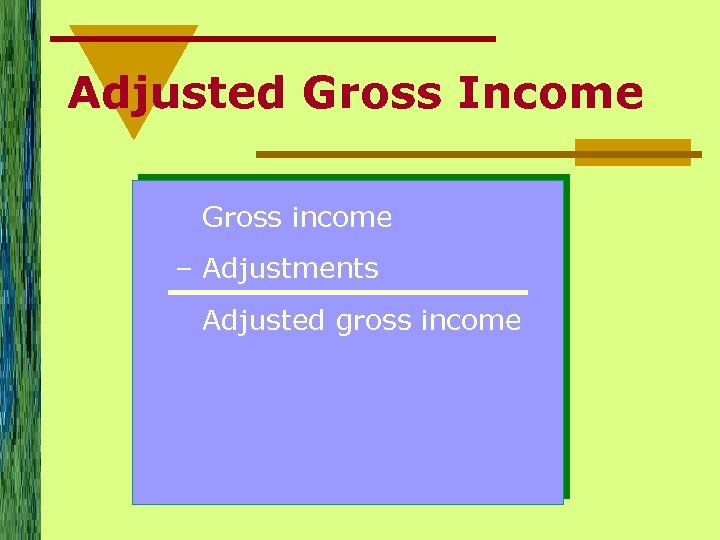 Adjusted Gross Income Gross income – Adjustments Adjusted gross income 