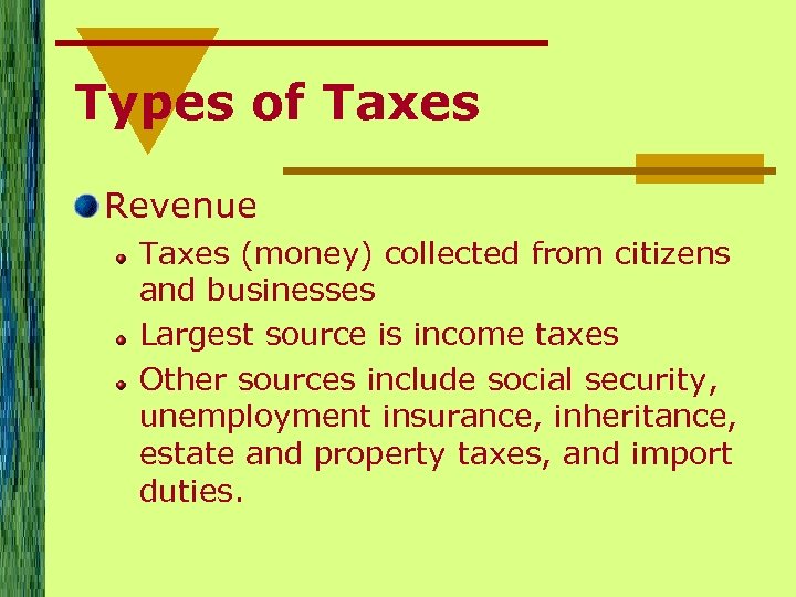 Types of Taxes Revenue Taxes (money) collected from citizens and businesses Largest source is