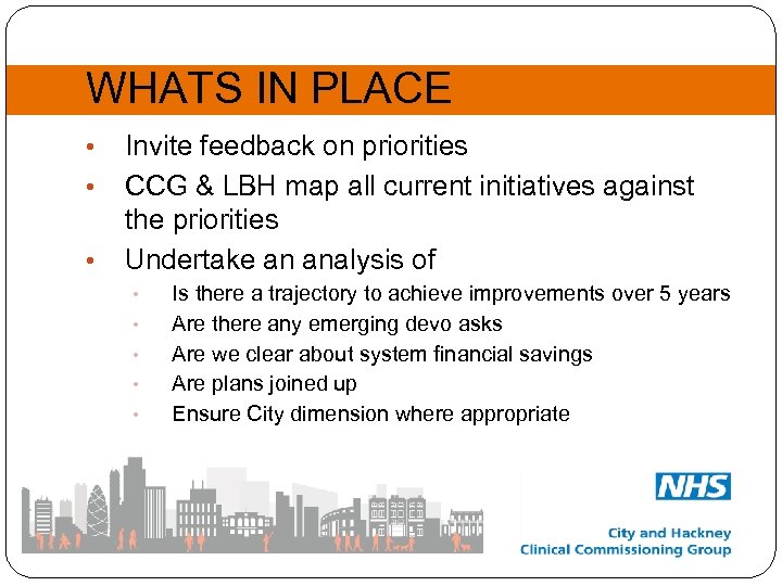WHATS IN PLACE • • • Invite feedback on priorities CCG & LBH map