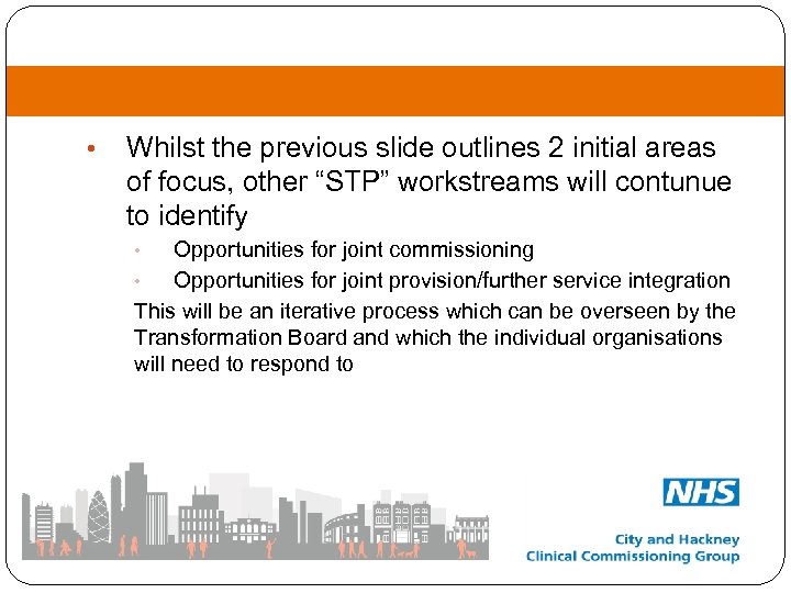  • Whilst the previous slide outlines 2 initial areas of focus, other “STP”