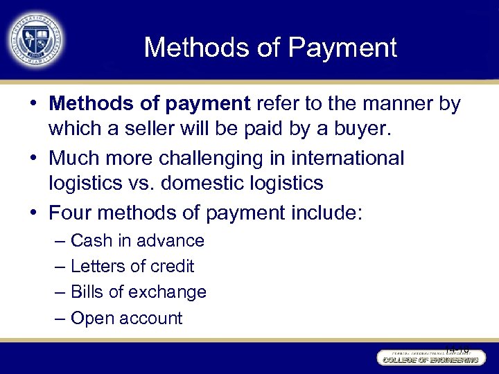 Methods of Payment • Methods of payment refer to the manner by which a