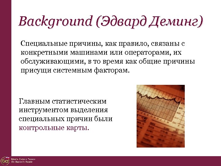 Background (Эдвард Деминг) Специальные причины, как правило, связаны с конкретными машинами или операторами, их