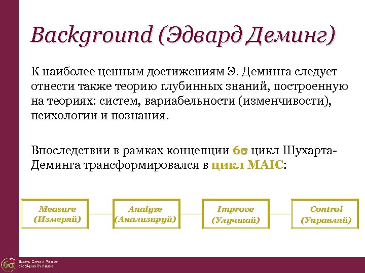 Background (Эдвард Деминг) К наиболее ценным достижениям Э. Деминга следует отнести также теорию глубинных