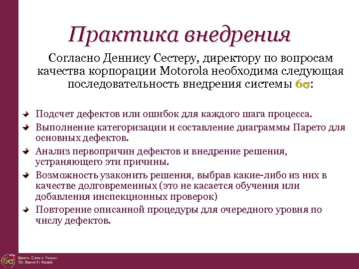 Практика внедрения Согласно Деннису Сестеру, директору по вопросам качества корпорации Motorola необходима следующая последовательность