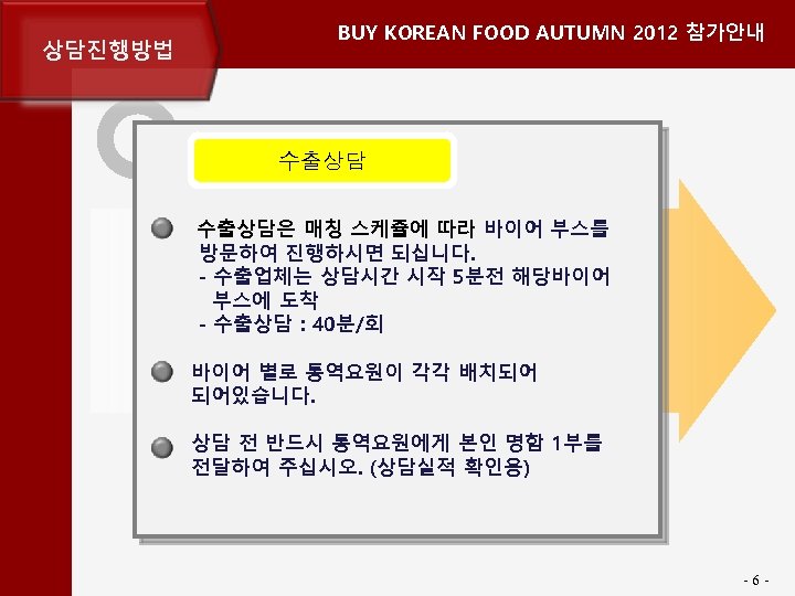 상담진행방법 BUY KOREAN FOOD AUTUMN 2012 참가안내 수출상담은 매칭 스케쥴에 따라 바이어 부스를 방문하여