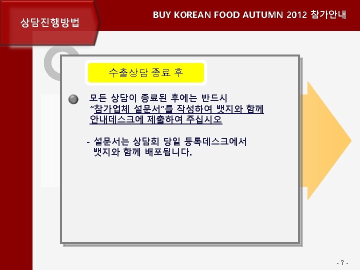 상담진행방법 BUY KOREAN FOOD AUTUMN 2012 참가안내 수출상담 종료 후 모든 상담이 종료된 후에는