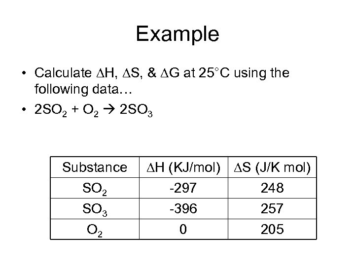 Example • Calculate H, S, & G at 25°C using the following data… •