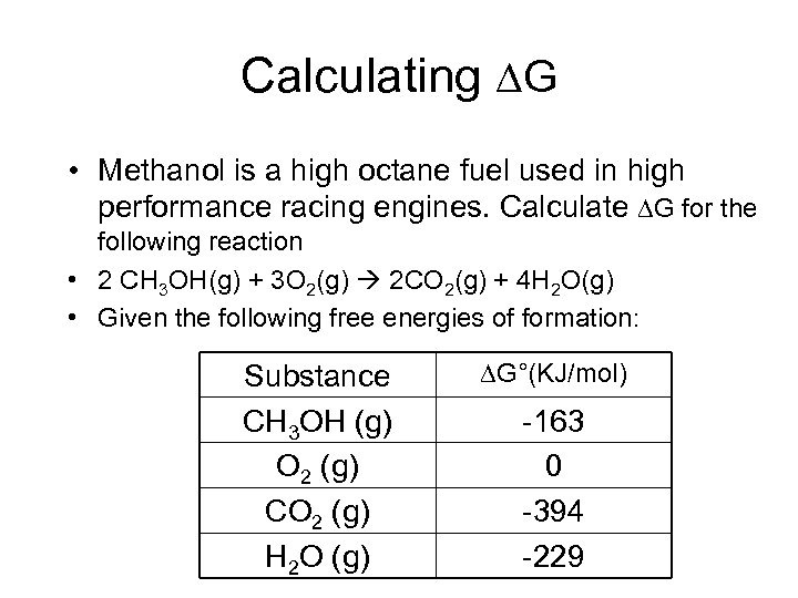 Calculating G • Methanol is a high octane fuel used in high performance racing