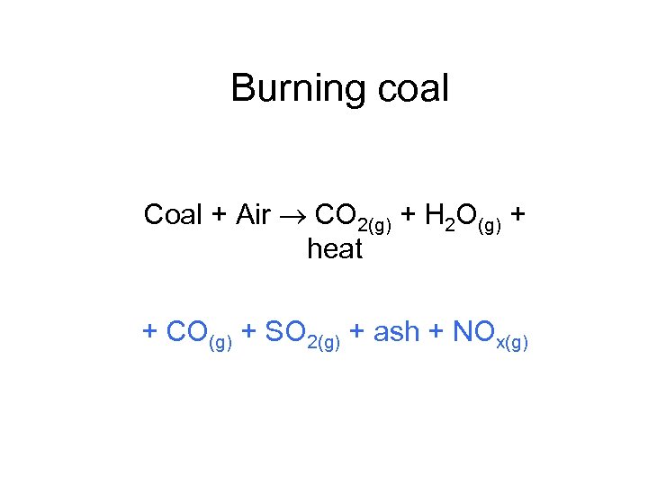 Burning coal Coal + Air CO 2(g) + H 2 O(g) + heat +