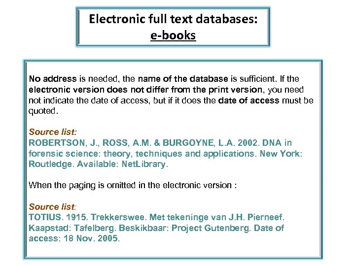 Electronic full text databases: e-books No address is needed, the name of the database