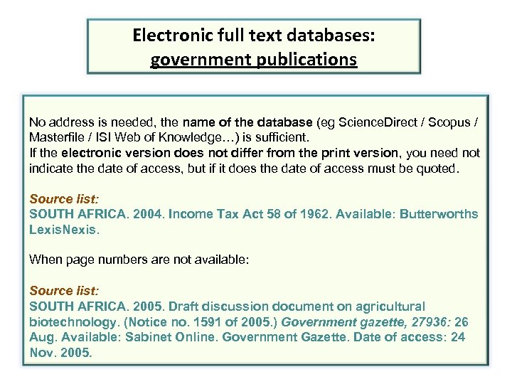 Electronic full text databases: government publications No address is needed, the name of the