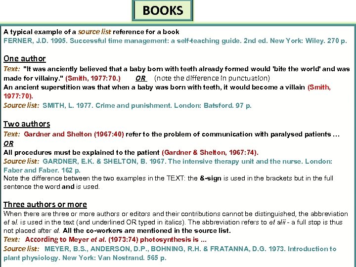 BOOKS A typical example of a source list reference for a book FERNER, J.