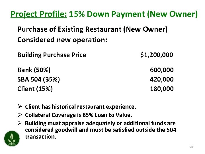 Project Profile: 15% Down Payment (New Owner) Purchase of Existing Restaurant (New Owner) Considered