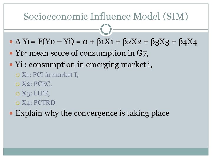 Socioeconomic Influence Model (SIM) ∆ Yi = F(YD – Yi) = α + β