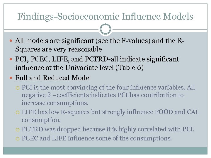 Findings-Socioeconomic Influence Models All models are significant (see the F-values) and the R- Squares