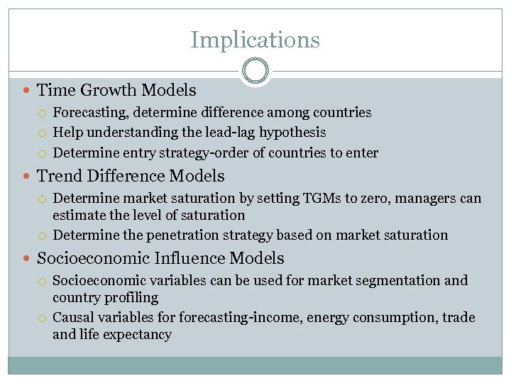 Implications Time Growth Models Forecasting, determine difference among countries Help understanding the lead-lag hypothesis