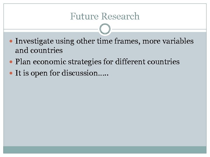 Future Research Investigate using other time frames, more variables and countries Plan economic strategies