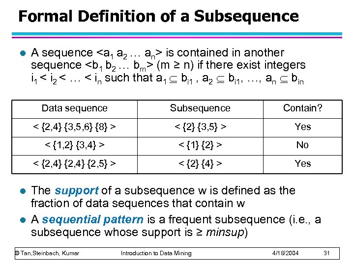 Formal Definition of a Subsequence l A sequence <a 1 a 2 … an>