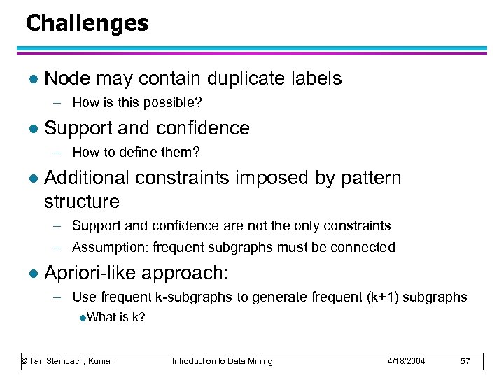 Challenges l Node may contain duplicate labels – How is this possible? l Support